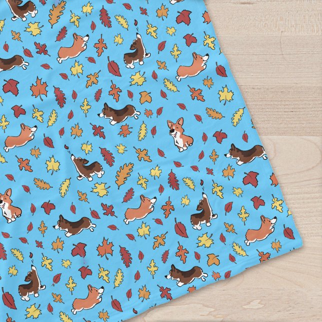 Corgi Fall Leaves Pattern Teal Fleece Blanket (Creator Uploaded)