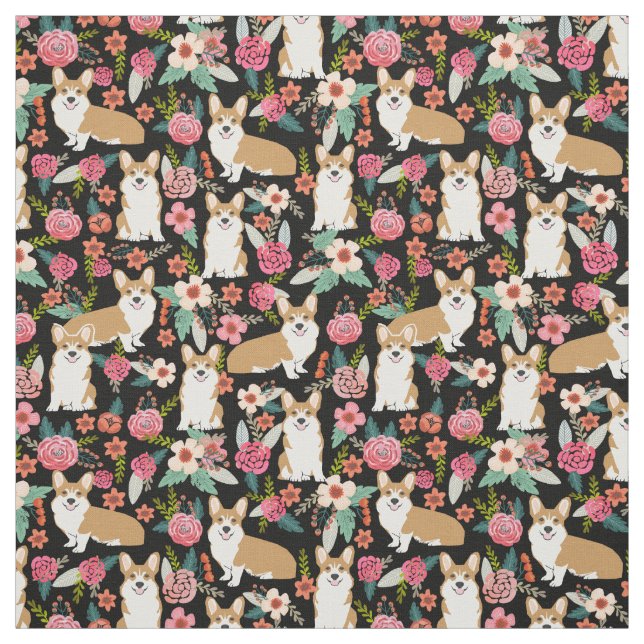 Corgi floral fabric  - black (Swatch)