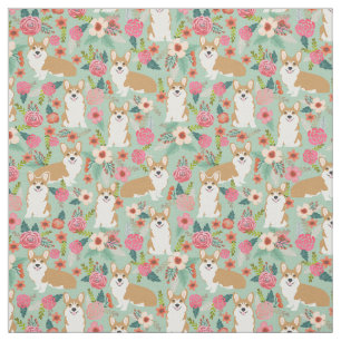 Corgi floral fabric  - mint