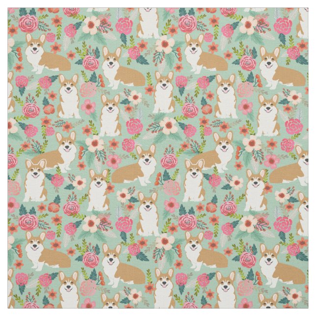 Corgi floral fabric  - mint (Swatch)