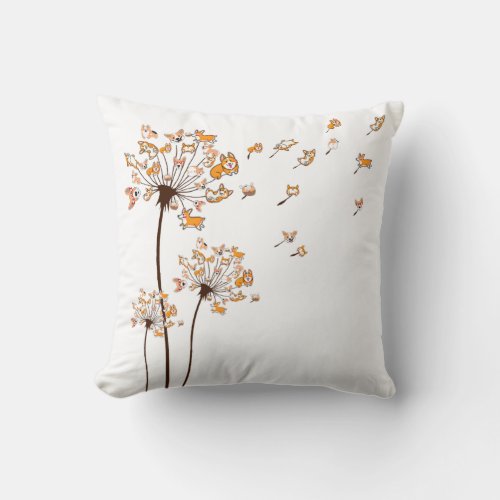 Corgi Flower Fly Dandelion Shirt Cute Dog Lover Throw Pillow