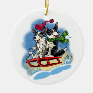 Corgi fun in the snow ceramic ornament