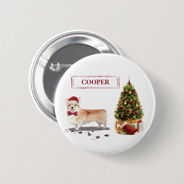 Corgi Funny Christmas Dog with Tree Button (Front & Back)