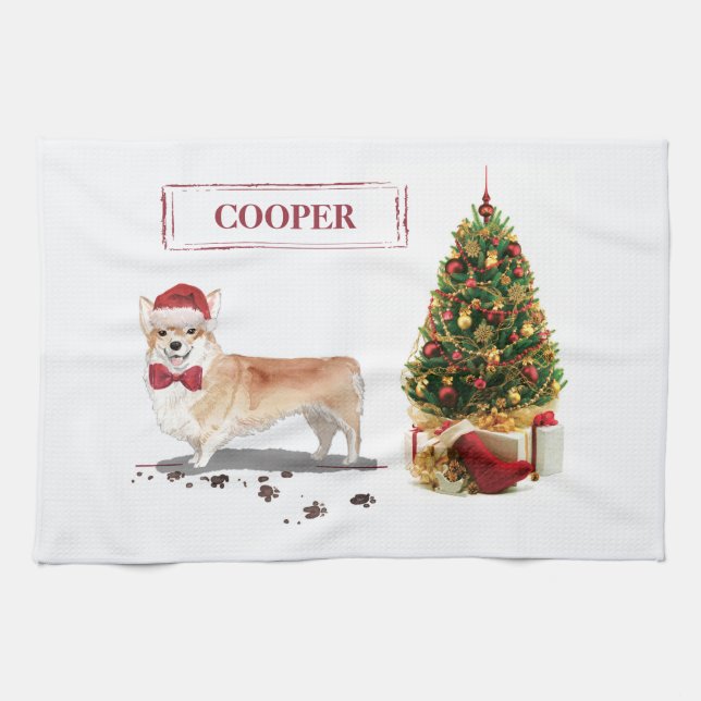 Corgi Funny Christmas Dog with Tree Kitchen Towel (Horizontal)
