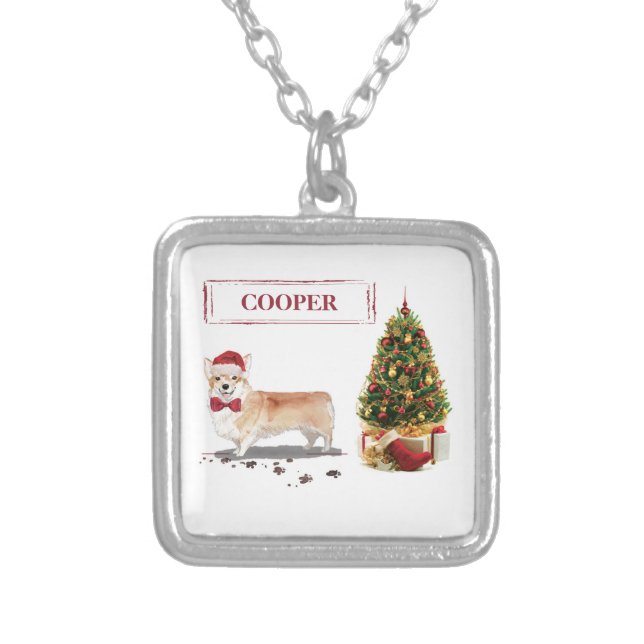 Corgi Funny Christmas Dog with Tree Silver Plated Necklace (Front)