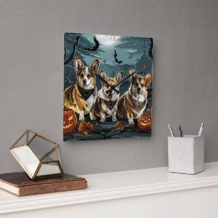 Corgi Halloween Spooky Square Wall Clock