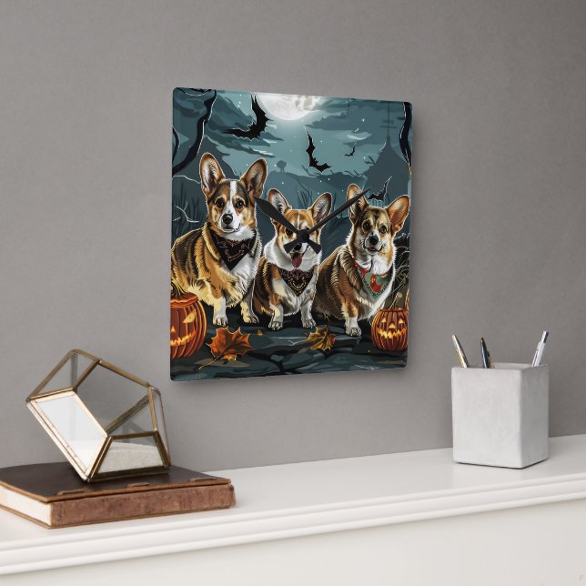 Corgi Halloween Spooky Square Wall Clock (Office)