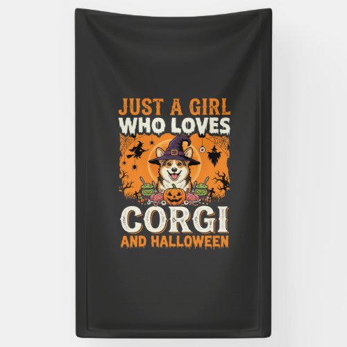 Corgi Halloween Witch Girl Vintage Horror Banner