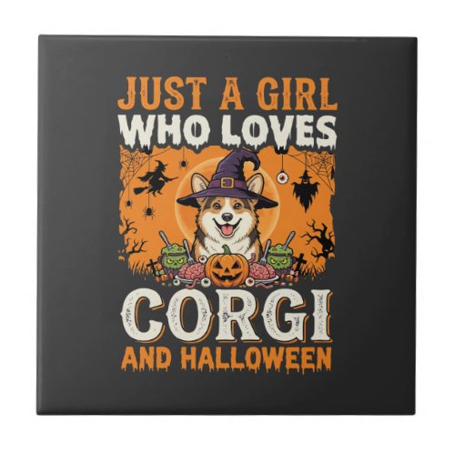 Corgi Halloween Witch Girl Vintage Horror Ceramic Tile