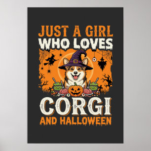 Corgi Halloween Witch Girl Vintage Horror Poster
