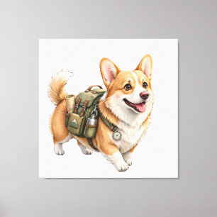 Corgi Hiking Adventure Watercolor Stretched Canvas Print