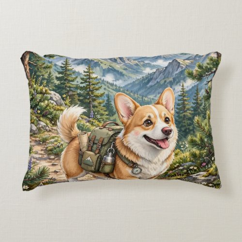 Corgi Hiking in Mountains Watercolor Accent Pillo Pillow