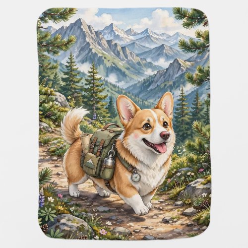 Corgi Hiking in Mountains Watercolor Baby Blanket