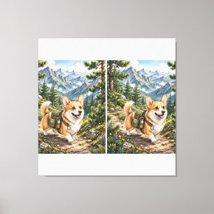 Corgi Hiking in Mountains Watercolor Canvas Print