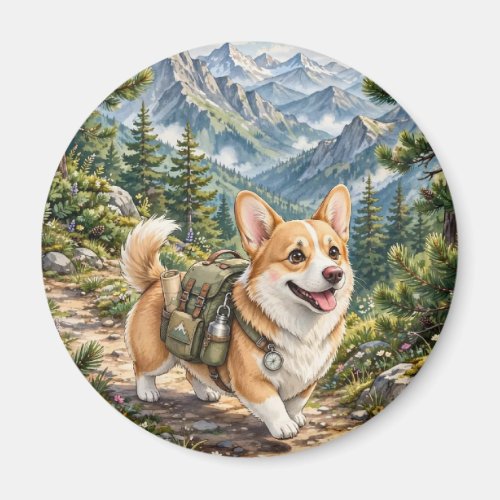 Corgi Hiking in Mountains Watercolor Magnet