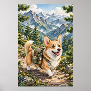 Corgi Hiking In Mountains Watercolor   Poster