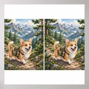 Corgi Hiking in Mountains Watercolor Poster