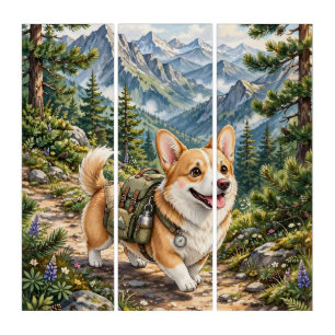 Corgi Hiking In Mountains Watercolor Triptych Art 