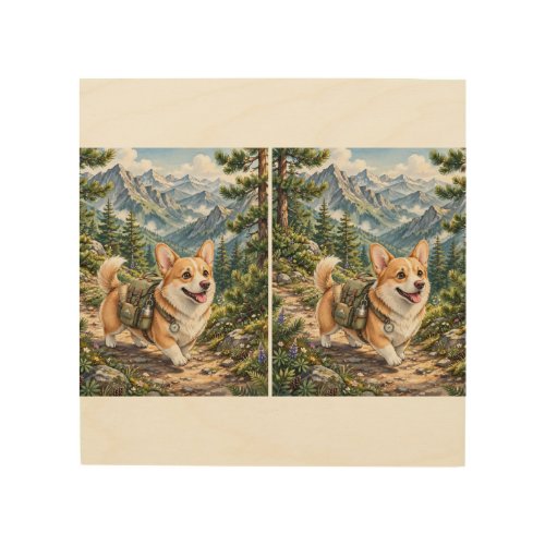 Corgi Hiking in Mountains Watercolor Wood Wall Art