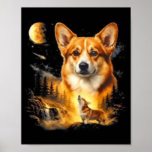 Corgi Howling At The Moon Vintage 90s Retro Style Poster