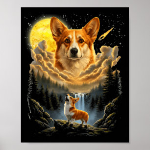 Corgi howling to the moon funny dog graphic vintag poster