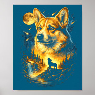 Corgi howling to the moon vintage 90s funny dog poster