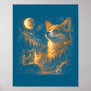 Corgi howling to the moon vintage 90s retro animal poster
