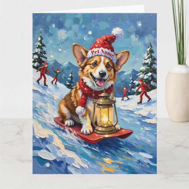 Corgi Ice Slider Christmas Lantern Hat Card (Front)