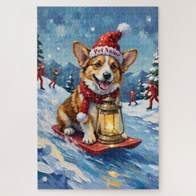 Corgi Ice Slider Christmas Lantern Hat Jigsaw Puzzle (Vertical)