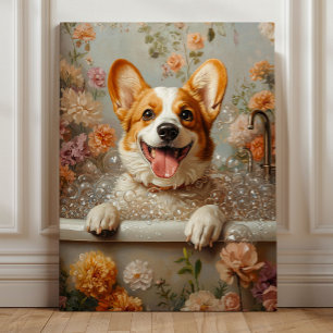 Corgi in a Bubble Bath – Whimsical Floral Dog Bath Canvas Print