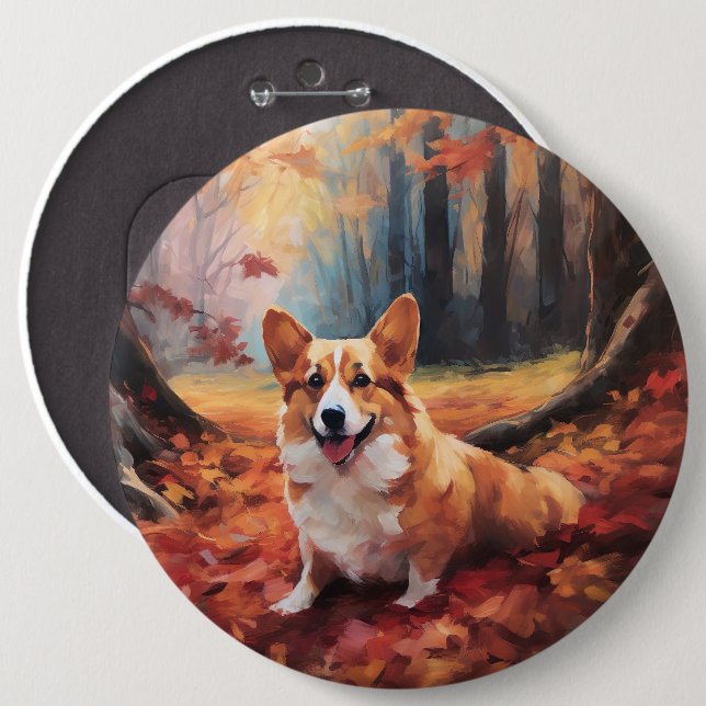 Corgi in Autumn Leaves Fall Inspire Button (Front & Back)
