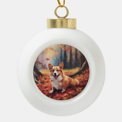 Corgi in Autumn Leaves Fall Inspire Ceramic Ball Christmas Ornament