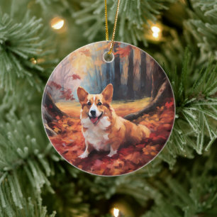 Corgi in Autumn Leaves Fall Inspire Ceramic Ornament