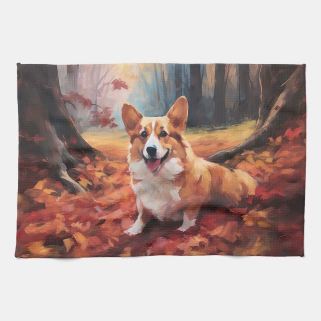Corgi in Autumn Leaves Fall Inspire Kitchen Towel (Horizontal)
