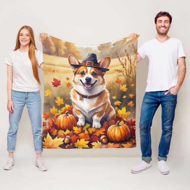 Corgi In Autumn Leaves Thanksgiving Art Fleece Blanket (In Situ)