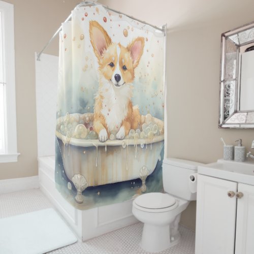 Corgi In Bathtub Watercolor Dog Art Shower Curtain