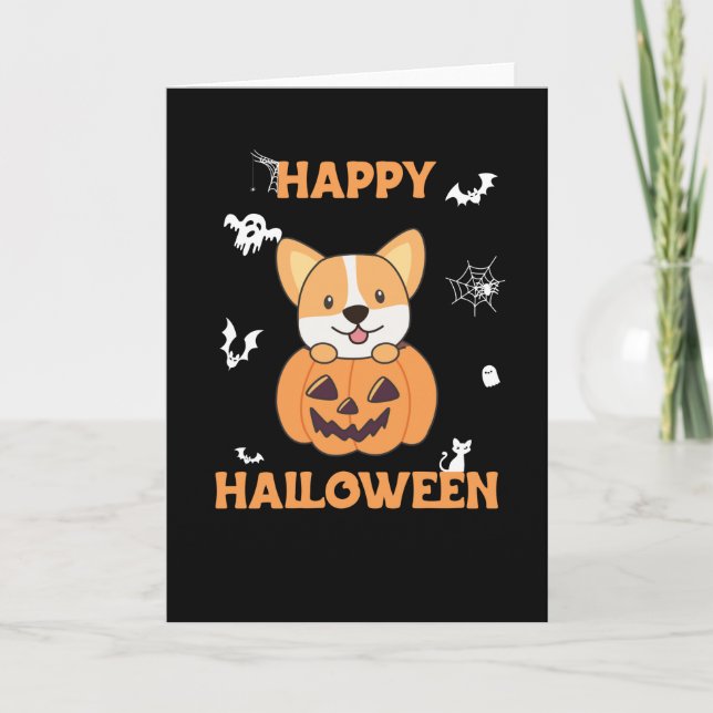 Corgi In Pumpkin Cute Dogs Happy Halloween Card (Front)