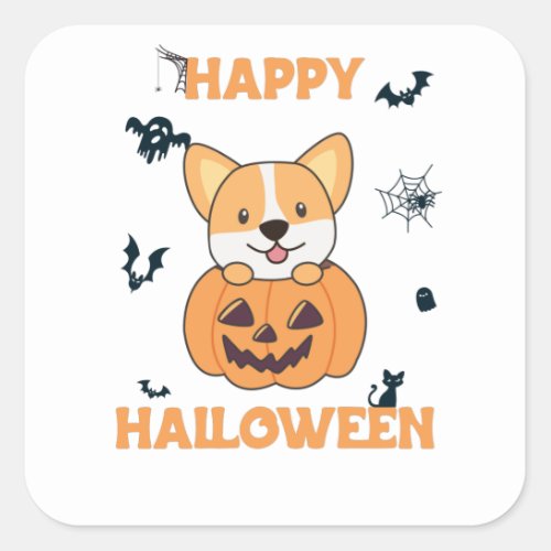 Corgi In Pumpkin Cute Dogs Happy Halloween Square Sticker
