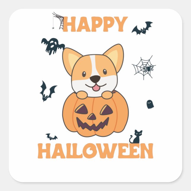 Corgi In Pumpkin Cute Dogs Happy Halloween Square Sticker (Front)