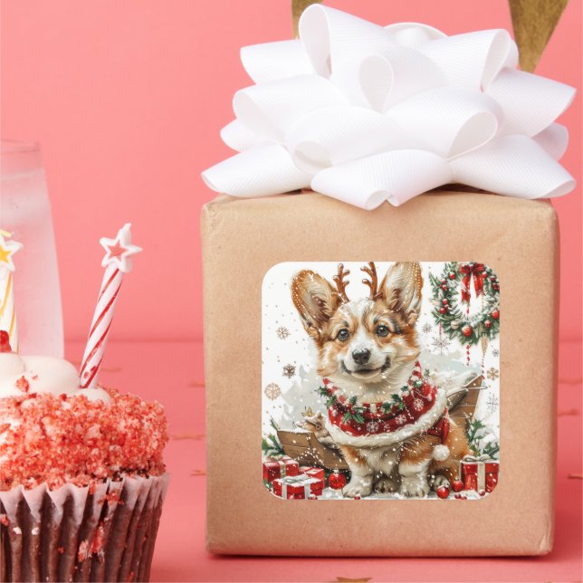Corgi in Reindeer Costume by Sleigh Square Sticker (Party)