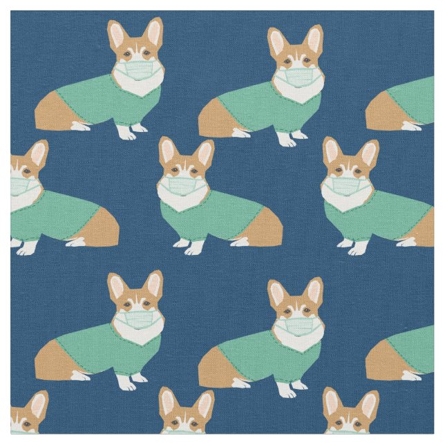 corgi in scrubs navy blue nurse fabric (Close Up)