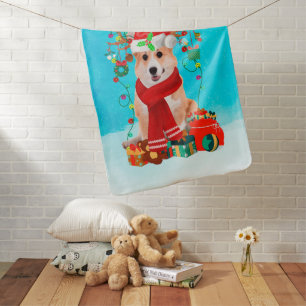 Corgi in snow with Christmas gifts  Baby Blanket