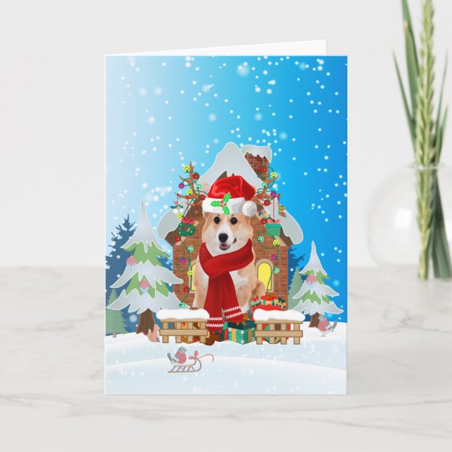 Corgi in snow with Christmas gifts Card (Front)