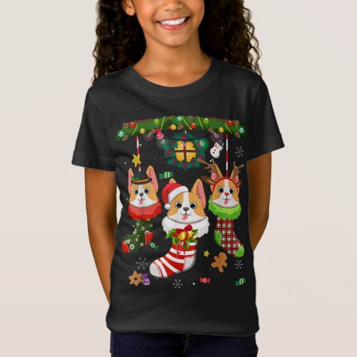 Corgi In Socks Christmas Santa Hat Xmas Light Dog  T_Shirt