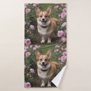 Corgi In The Pink Roses, Bath Towel