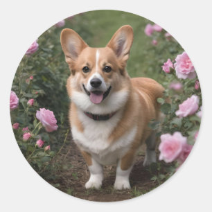 Corgi In The Pink Roses,  Classic Round Sticker