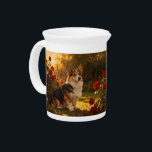 Corgi in the Roses I Beverage Pitcher<br><div class="desc">A tri-colored Corgi sitting amidst red roses during golden hour. The scene is depicted with the rich texture and soft lighting of a classical oil painting.</div>
