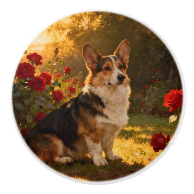 Corgi in the Roses I Ceramic Knob (Front)