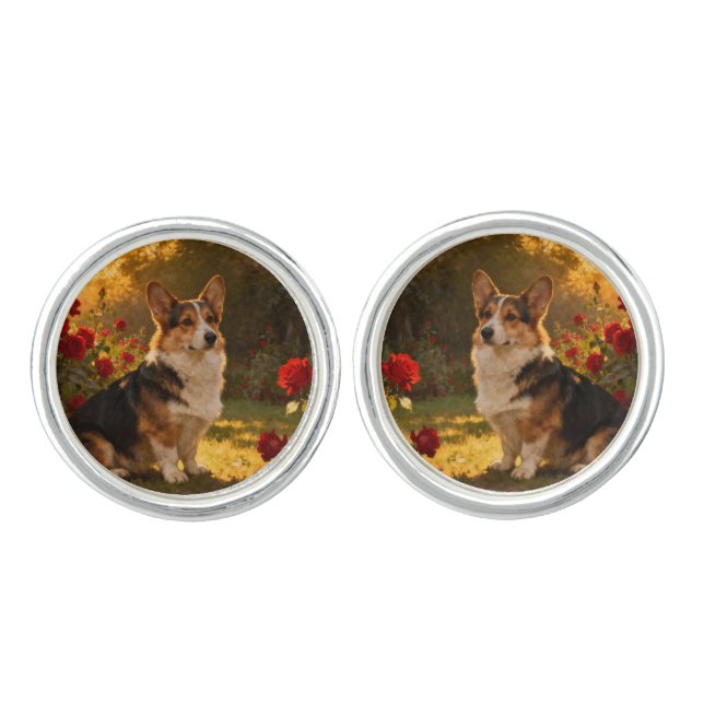 Corgi in the Roses I Cufflinks (Front)