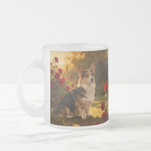 Corgi in the Roses I Frosted Glass Coffee Mug